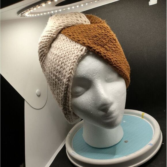Hand Crafted Unisex Knit Hat Brown Twist Knot Earwarmer Headband Turban Style - Picture 3 of 7